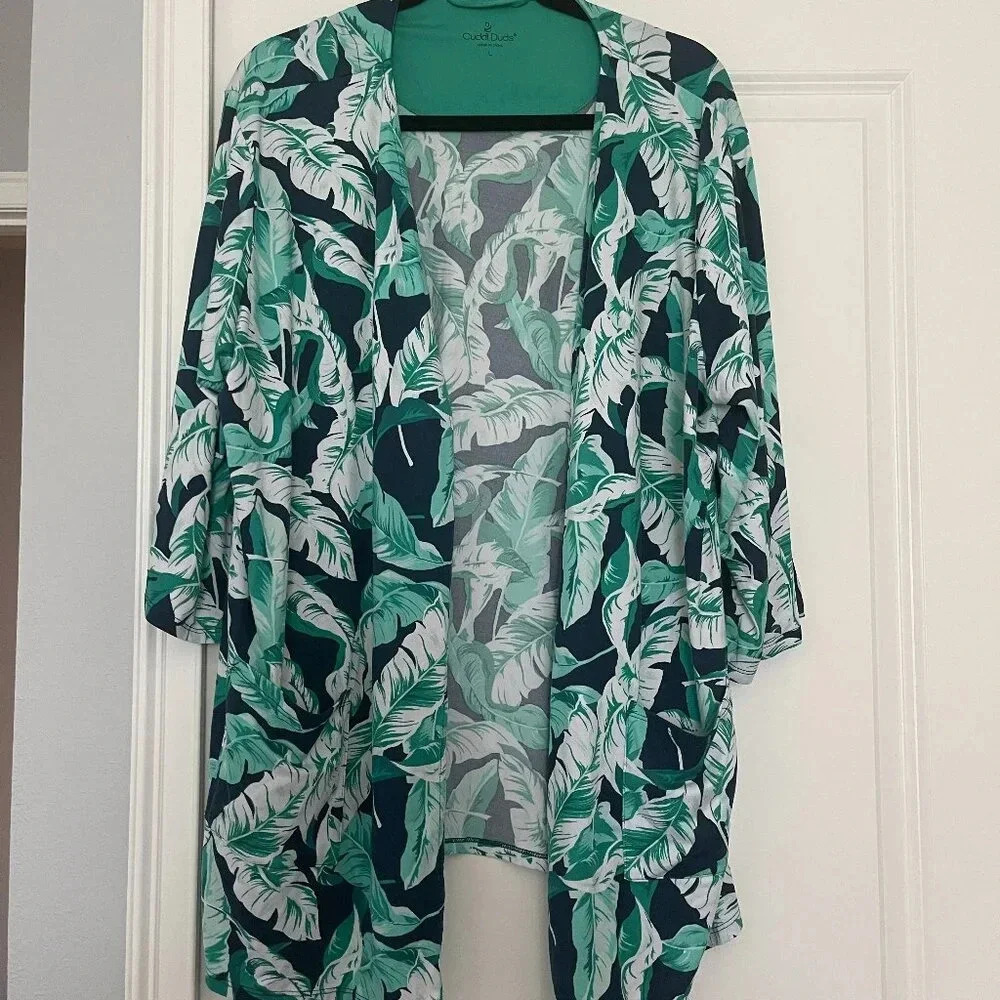 Cuddl Duds Palm Leaf Print Open Cardigan - Size L
